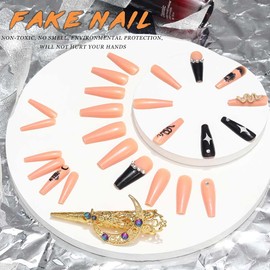 Jovono Long Coffin Press on Nails Nude French Fake Nails Snake Rhinestone False Nails Ballerina Star Full Cover Acrylic Nails for Women and Girls(24PCS)