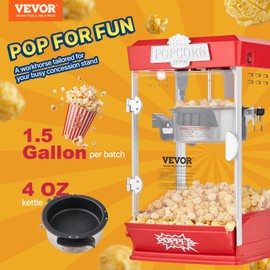 VEVOR Popcorn Maker, 480W Popcorn Popper Machine, 4 Oz Kettle Makes 1.5 Gallon per Batch, Tabletop Popcorn Maker, Includes 3 Scoops, Movie Theater Style, Red
