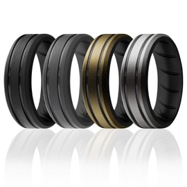 ROQ Silicone Rubber Wedding Ring for Men, Comfort Fit, Men's Wedding & Engagement Band, 8mm Wide 2mm Thick, 2 Thin Lines Beveled Edge Duo, 4 Pack, Black, Grey, Bronze, Dark Silver, Size 10