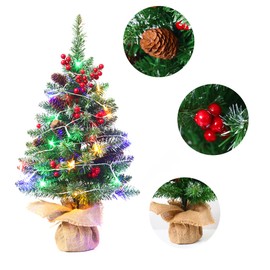 18 Inches Mini Christmas Trees Battery Operated Artificial Prelit Tabletop Christmas Tree with Colorful String Light Berries Pine Cone Ornaments for Dining Table Desk Home Holiday Decorations