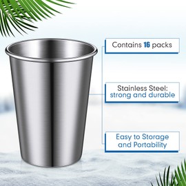 Baderke 16 Pack Stainless Steel Cups for Kids and Adult Pint Cup Tumbler Metal Cups Stackable Cup Shatterproof Metal Drinking Glasses for Travel Outdoor Camping (9 oz/ 260 ml)