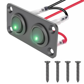 2 Gang Round Dot Lighted Rocker Switch Toggle Metal Panel with 20A 12V DC ON/Off SPST Switch Control for Home Auto Car Marine Boat, Green Light