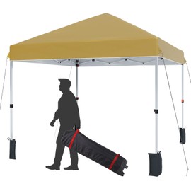 10 x 10 Ft Pop Up Canopy, Beach Tent with One Push Setup and 3 Adjustable Heights, Easy Up Sun Shade with Wheeled Carry Bag, Outdoor Portable Shelter for Events, Parties, Camping, Khaki
