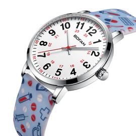 BOFAN Nurse Watch for Medical Professionals,Students,Doctors with Easy to Read Dial,Second Hand and 24 Hour,Soft Light Blue Print Silicone Band,Water Resistant