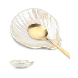 Ceramic Spoon Rest, Small Spoons Holder for Coffee Station Kitchen Counter, Cute Spoon Rest for Coffee Lover Gift Bar Accessories Decor, Mini Spatula Utensil Jewelry Organizer Tray (Shell)