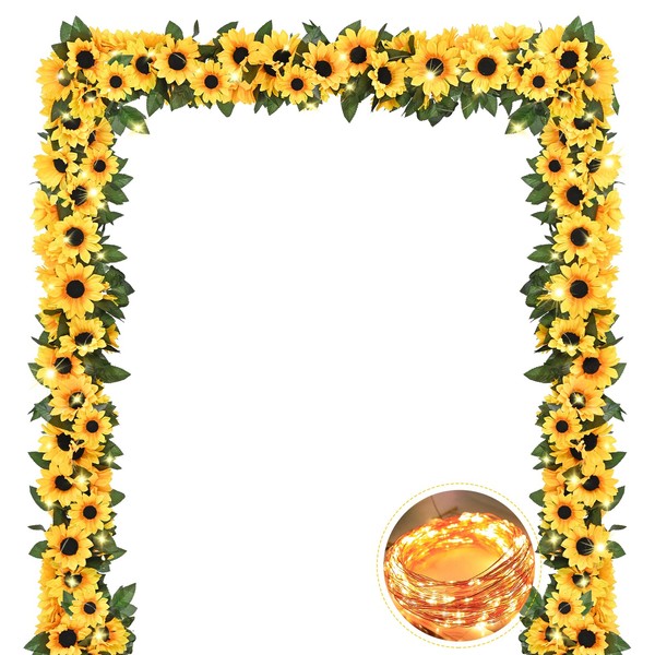 4 Pack Artificial Sunflower Garland Decor with Lights, Sunflower Vines