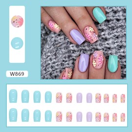 Vezocim Flower Press on Nails Coffin Shapes, Full Cover Square Acrylic False Nails with Floral Designs, Artificial Glossy Short Fake Nails with Sticky Tabs, Glue on Fingernails for Women (W869)