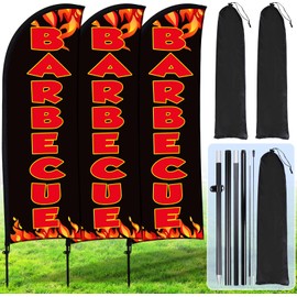 Buryeah 3 Sets Barbecue BBQ Feather Flag Kit 7 x 5.4 ft Barbecue Flag Banner with Pole Ground Stake and Portable Bag for Restaurant BBQ Sign Business Advertising Outside Ground(Black)
