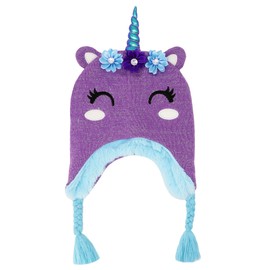 Newfancy Kids Girls Winter Unicorn Beanie Hat Shining Glitter Knitted Earflap Fleece Lined Cap Toddler Little Girls, Smiling Purple, One Size