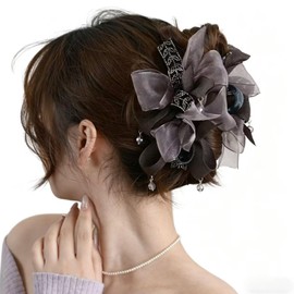 2pcs Luxury Rhinestone Bow Hair Claw Clips for Women, Large Tulle Jaw Clips with Crystal Pendant, Elegant Hair Accessories for Thick Hair, Wedding Party Prom Hairstyle