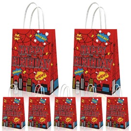 MIHYLNE 12 Pcs Red Spider Party Favors Paper Bags,Spider Web Gift Bags with Handles,Double Sided Printed,Candy Goodie Bag For Birthday Baby Shower Decorations Supplies