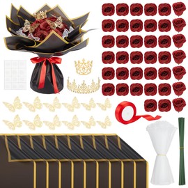 BENECREAT Juego de 40 ramos de flores con rosas artificiales con purpurina, papel de regalo de flores, mariposas 3D, coronas y tallos para el día de S