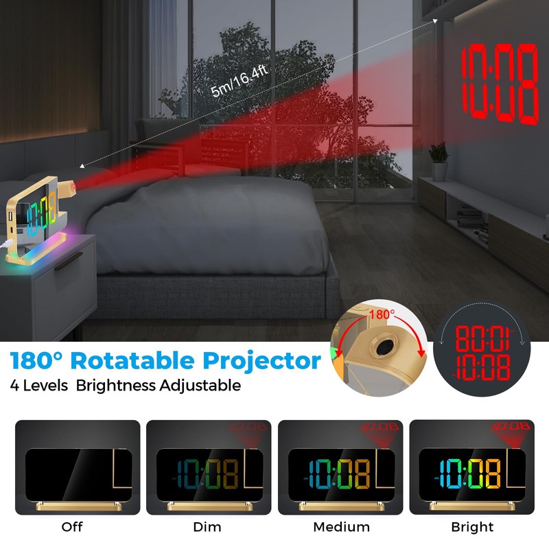 Poeroa Projection Alarm Clock for Bedroom,7.4" LED Mirror Digital Clock