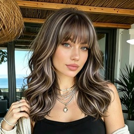 Cisyia Brown Blonde Highlight Wig with Bangs for Women, 4x4 Realistic Scalp