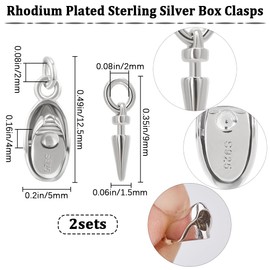 Beebeecraft 2Pcs Rhodium Plated 925 Sterling Silver Box Clasps for Jewelry Making End Clasps Connectors with 2 Loops for Bracelets Necklace Buckle