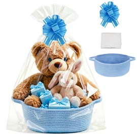 TONIFUL Blue Small Woven Basket with Gift Bag and Pullbow Empty Baskets for Gift Giving Birthday Baby Shower Wedding Festival Present Wrapping Baby Toy Accessories Storage Organizer (12"X 8" X 5")
