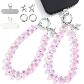 2pcs Crystal Phone Wrist Strap Phone Charm Chain Keychain Beaded Cellphone Lanyard with Tether Tab Hands-Free Wristlet Bracelet Wrist Grip Strap for Women, D-Pink AB