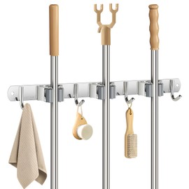 Sampoes Broom Holder Wall, Broom Holder, Stainless Steel, Tool Holder, Wall Mount with 3 Holders and 4 Hooks, Broom Hanging Garden Tool Holder, Broom Mop Holder for Home, Garden, Kitchen, Garage