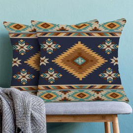 CXMEIFLY Navy Blue Teal Boho Aztec Pillow Covers 18 x 18 Inch Set of 2 Western Native American Geometry Decor Throw Pillows Southwestern Outdoor Decorative Cushion Cases for Couch Bed Decorations