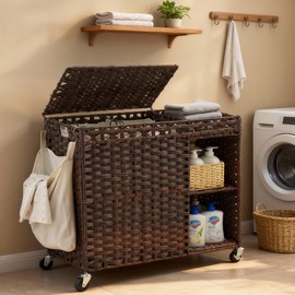 Laundry Hamper with Lid, 160L Rattan Wicker Laundry Basket with Wheels, Handwoven Laundry Hamper 2-Section with Storage shelf(42.3 Gal), Laundry Sorter Basket with Removable Liner, Brown HLH032BR