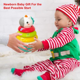 Yiosion Anillos apilables de juguete para bebé con decoración de unicornio, juguetes apilables Weeble Wobble para regalos de 3, 6, 9, 12 meses, juguetes sensoriales Baby Montessori de 6 a 12 meses de desarrollo