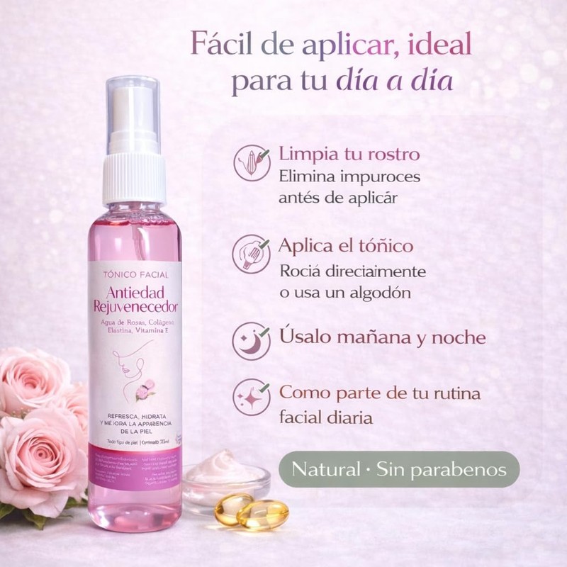 Tónico facial de agua de rosas con colágeno y vitamina