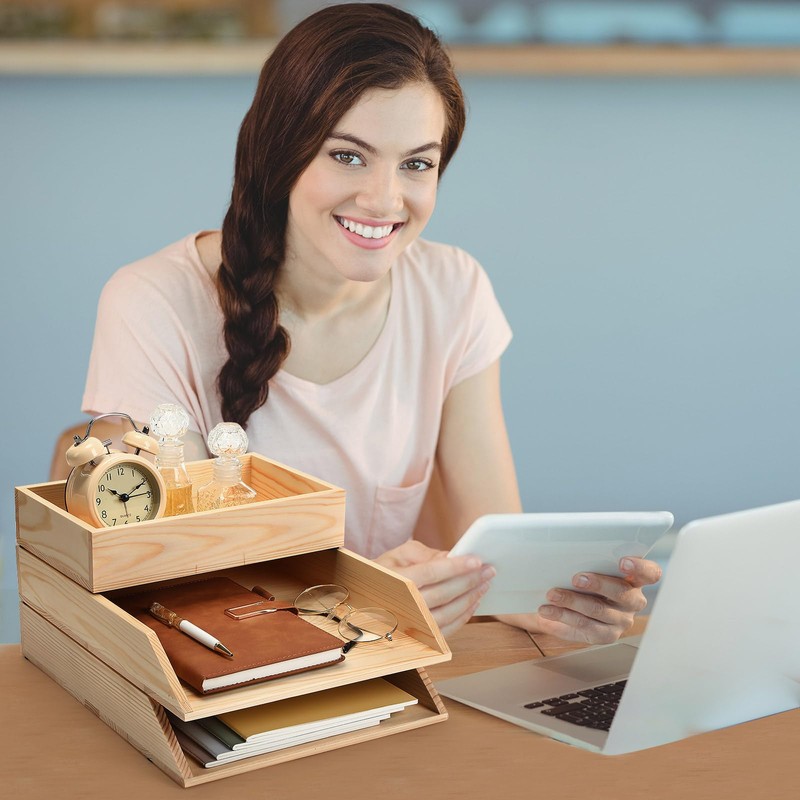 Beeveer 3 Pcs Wooden Letter Trays, Wood Letter-Size Desk Organizer,