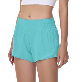 MCEDAR - Pantalones cortos para correr para mujer, cintura alta, forrados, 4 pulgadas, ligeros, para entrenamiento activo, secado rápido, gimnasio, deportes, bolsillo corto con cierre, Wild Mint