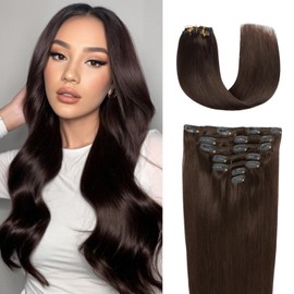 JESSBO Hair Extensions Real Human Hair Clip ins Dark Brown Real Hair ins Brown Human Hair Extensions For Women Straight Double Weft 24 inch 7pcs 120g