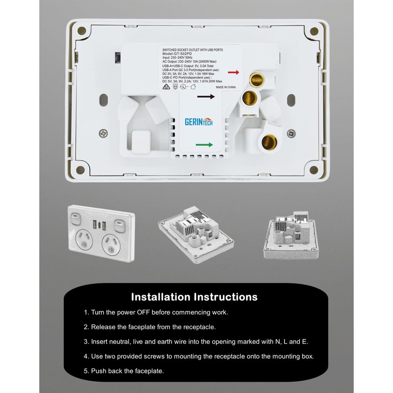 Gerintech Power Point with USB C PD 20W, Double Powerpoint