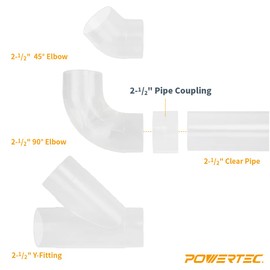 POWERTEC 70469 Clear PVC Pipe 2-1/2" x 36" Long, 2-1/2" OD 90 Degree Elbow and 2-1/2" Pipe Coupling for Dust Collection Hose & Fittings