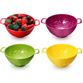 Baderke 4 Pack Mini Colander for Kitchen Plastic Berry Strainer with Double Handles 7.5 x 6 x 3 Inch Small Colander Strainer for Fruits Vegetables Food (Green, Purple, Red, Lemon Yellow)