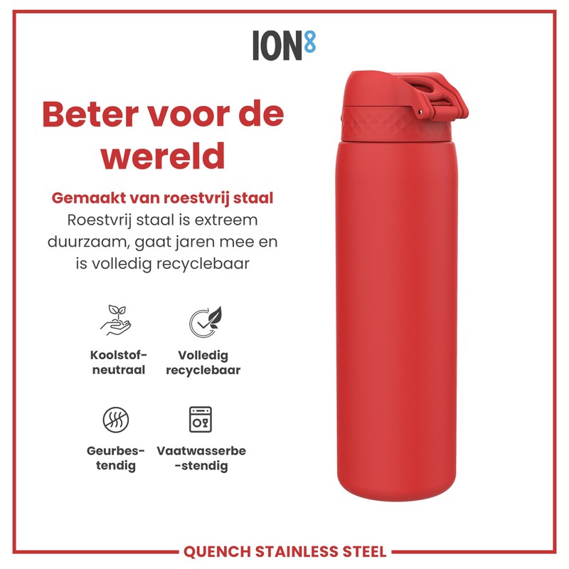 Ion8 Leak-Proof 1 Litre Water Bottle, Stainless Steel, Red, 1200