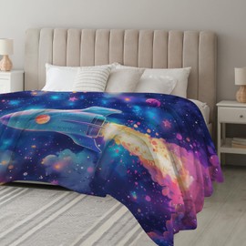 SKT T1 Space Blanket for Kids, Blue Rocket Stars Planet Fleece Flannel Blanket for Girls Boys, Soft Fuzzy Space Themed Bedding, Warm Cozy Plush Blankets and Throws for Bed Sofa Couch Car 50"x40"