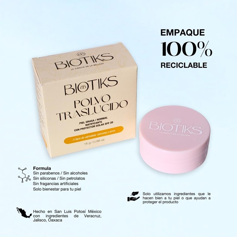 Biotiks Polvo matificante, control de grasa, Avena, Arroz, Caléndula, Vitamina