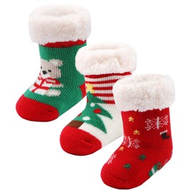 3 pares de calcetines peludos con forro de Sherpa, antideslizantes con agarres, calcetines de Navidad para bebés y niñas, 3 pares de Navidad B, 0-12 Meses