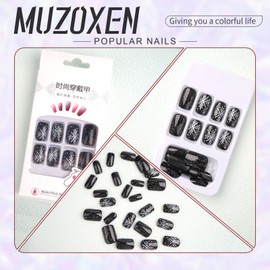 MUZOXEN Christmas Press on Nails Medium Square Snowflake Fake Nails Glossy Black Winter Xmas Design False Nails with Glue Full Cover Artificial Acrylic Nails -24pcs