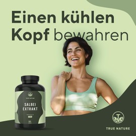 Sage - 180 Capsules - High Dose (10:1) - 6000 mg Sage Extract per Daily Dose (Salvia Officinalis) - Laboratory Tested - Vegan & German Production - TRUE NATURE