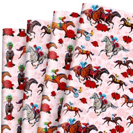 JarThenaAMCS 8 Sheet Horse Wrapping Paper -Not Roll- Red Pink Rose Horse Racing Gift Wrap Paper Folded Flat Spring Watercolor Craft Paper for Kentucky Derby Party DIY Crafts Supplies, 19.7 x 27.6 Inch
