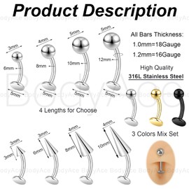 BodyAce 16G/18G Spike Belly Button Bars, Stainless Steel Tragus Ring Flat Back Earrings, Curved Lip Barbells Labret Rings Navel Piercing Eyebrow Jewelry [18G(1.0mm),Length:6mm]