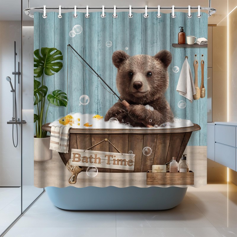 LeAquaNook Funny Bear Shower Curtain Teal Wildlife Animal Bathing in
