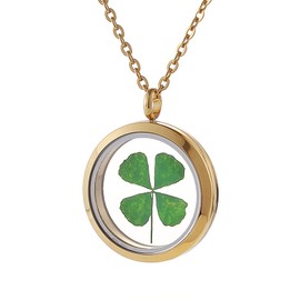 FM FM42 Gold-tone Dried Leaves Lucky 4-Leaf Clover Round Glass Stainless Steel Locket Pendant Necklace FN3058