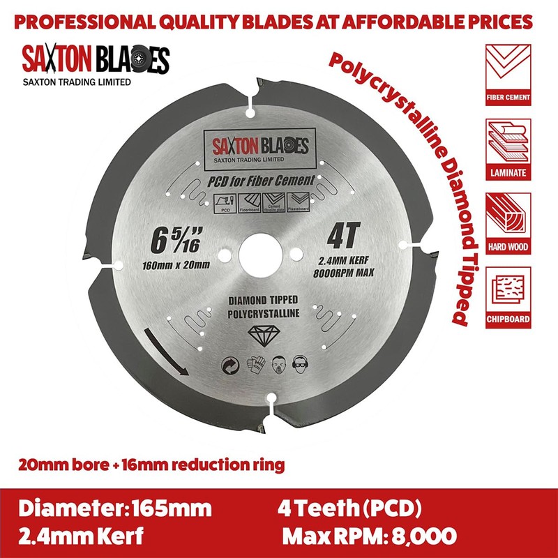 Saxton PCD Circular Saw Blade, 165mm x 4 Teeth x
