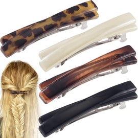 DC,CLISENCE 4pcs French Small Barrette for Women, 2.56 Inch Tortoise Shell Flat Spring Hair Clips, Non-Slip Curved Hair Accessories for Thin, Long Hair - 4 Colors