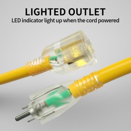 POWGRN 15 Ft 10/3 Outdoor Extension Cord Waterproof Heavy Duty 10 Gauge 3 Prong, Flexible Cold-Resistant Power Cord Indoor & Outside with Lighted Indicator End, 15Amp 1875W SJTW Yellow ETL Listed