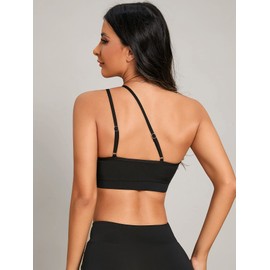 COZYEASE - brasier deportivo con un hombro para mujer, malla en contraste, brasier de yoga, soporte ligero, tirantes rectos y cruzados, Negro -, XL