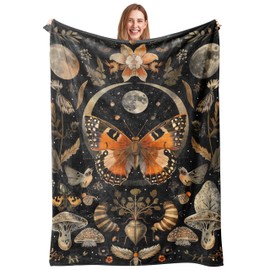 Orange Butterfly Moon Flower Throw Blanket, 320gsm Boho Mushroom Blanket Fluffy Cozy Soft Warm Plush Decorative Gifts for Women Men Kids, Blankets Quilt for Bed Sofa Chair Couch (50"x40")