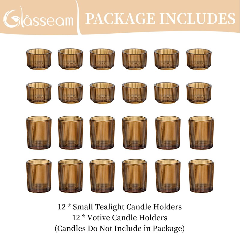 Glass Votive Tealight Candle Holder: Glasseam Amber Ribbed Tea Lights