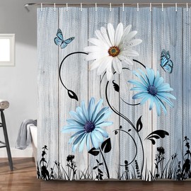 Cortina de ducha rústica con diseño floral, color verde azulado, margaritas, mariposas, viejo, tablón, rústico, juego de accesorios de baño de tela azul turquesa con ganchos, 36 x 72 pulgadas, azul