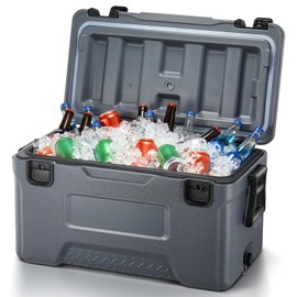 47.5 QT Cooler Fits 76 Can, Heavy Duty Dual Latch, Portable Hard Cooler, Ice Chest with Swing-up Side Handles, Molded Ruler＆Cup Holders, Keeps Cool for 3+ Days for Camping Fishing Road Trips Beach